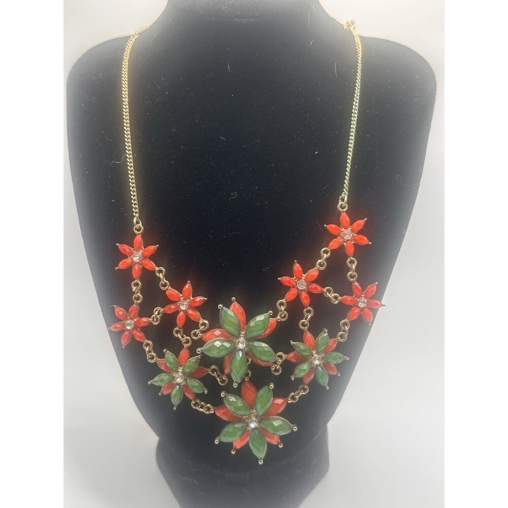 Claire’s Floral Statement Necklace Red Green Rhinestone Bib Gold Tone Boho